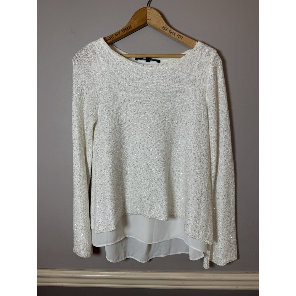 White House Black Market Sparkly Sequin White Sweater Split Back Size Small
